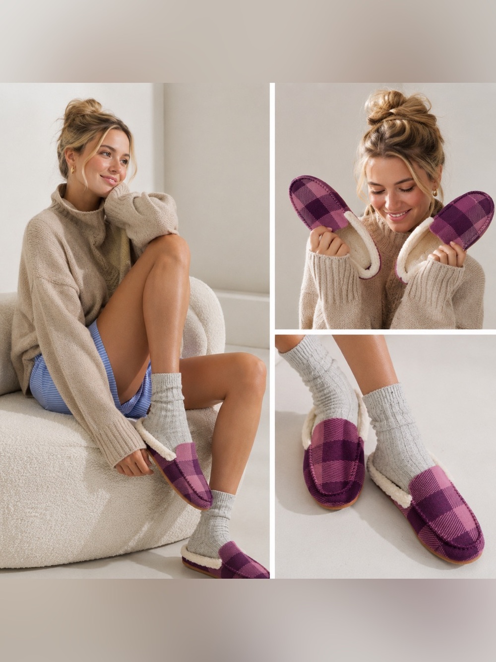 Rothys The Scuff Slipper Mauve Buffalo Check Purple Plaid Womens Size 7W 117-014